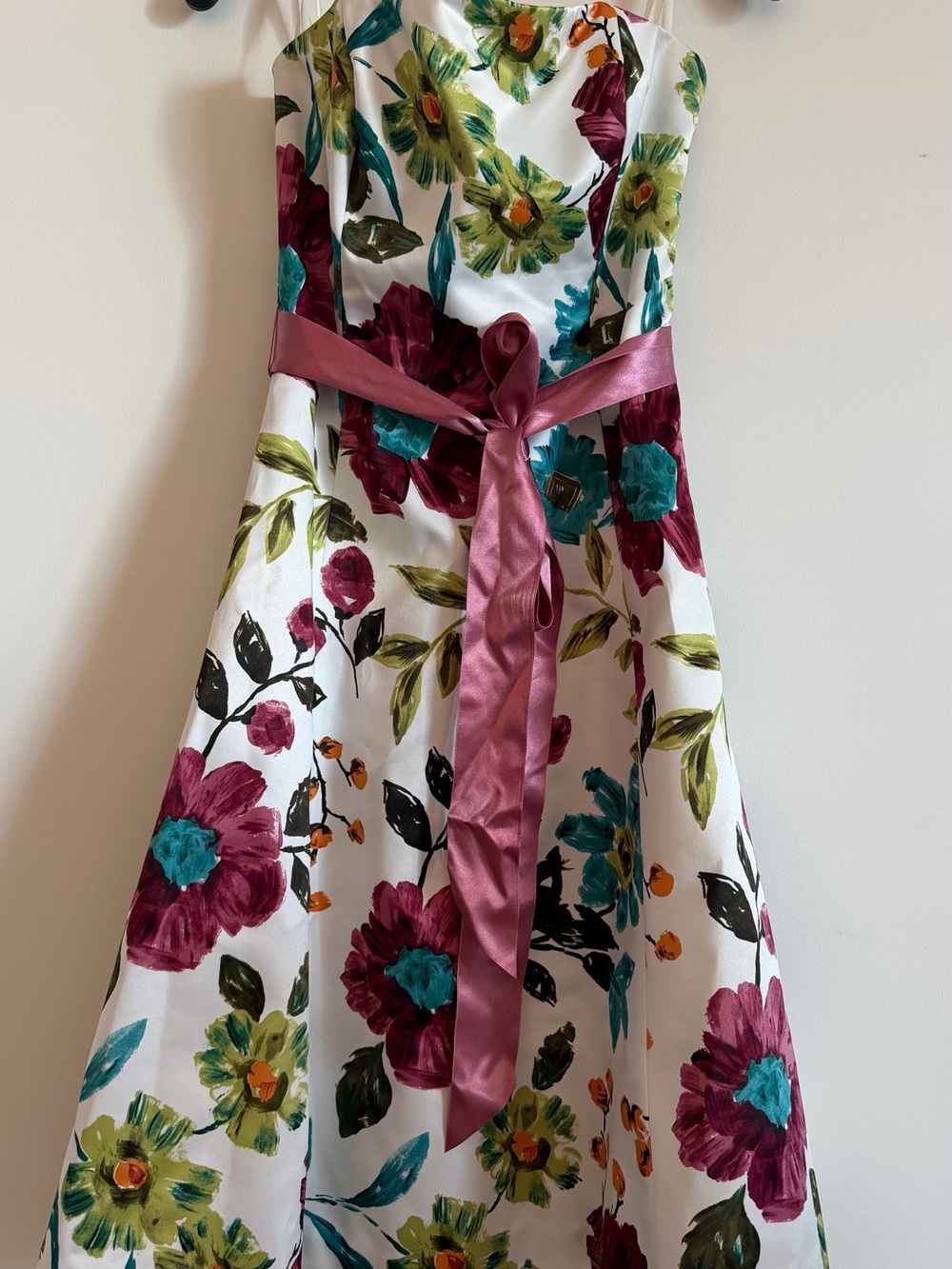 debut White Floral Midi Dress with Magenta Sash